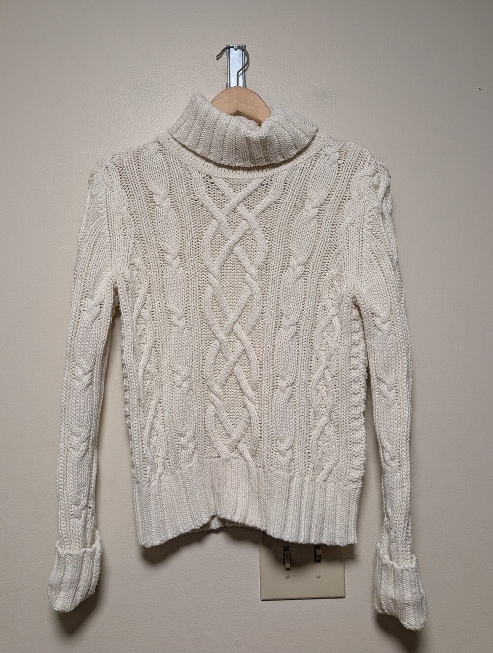 Lands' End Drifter Cream Cable Knit Turtleneck Sweater Small 100% Cotton